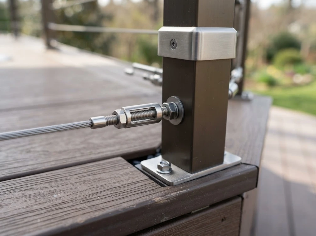 Cable railing hardware detail closeup tensioner stainless steel