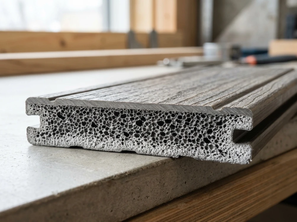 Capped PVC deck board cellular core cross section closeup