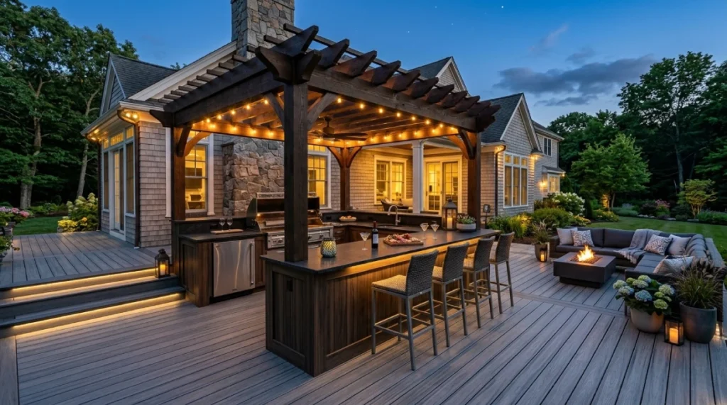 Composite deck outdoor kitchen entertainment area twilight LED