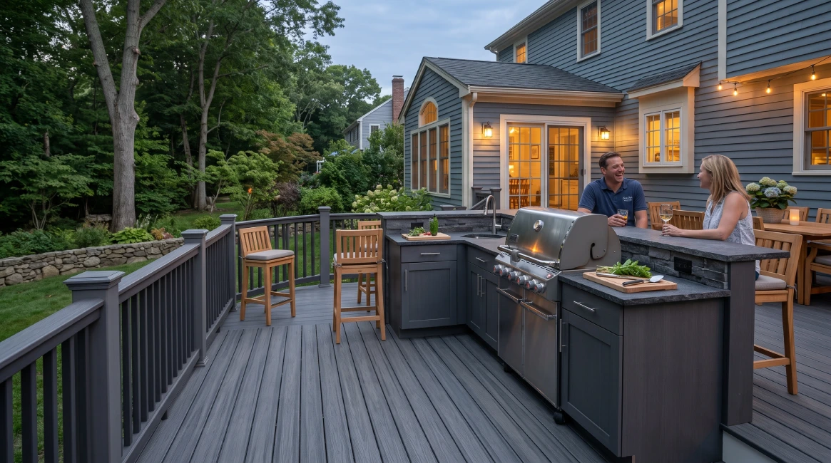 Composite railing outdoor kitchen Massachusetts evening