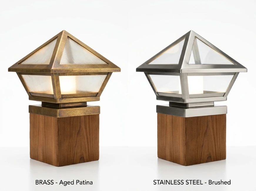 Deck lighting fixture brass stainless steel comparison samples