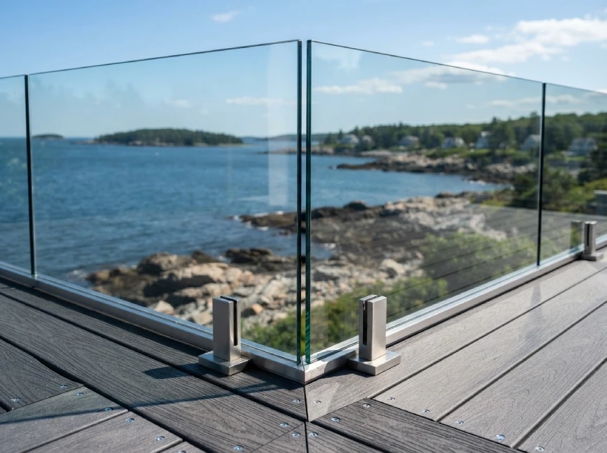 Frameless glass railing hero tempered panels modern Massachusetts