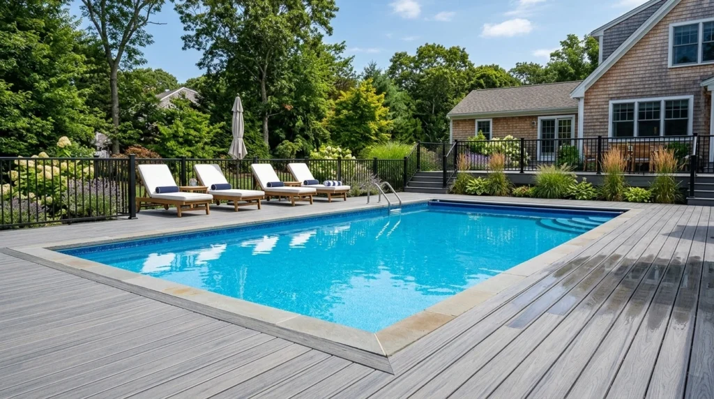 Gray composite decking pool surround heat resistant Massachusetts