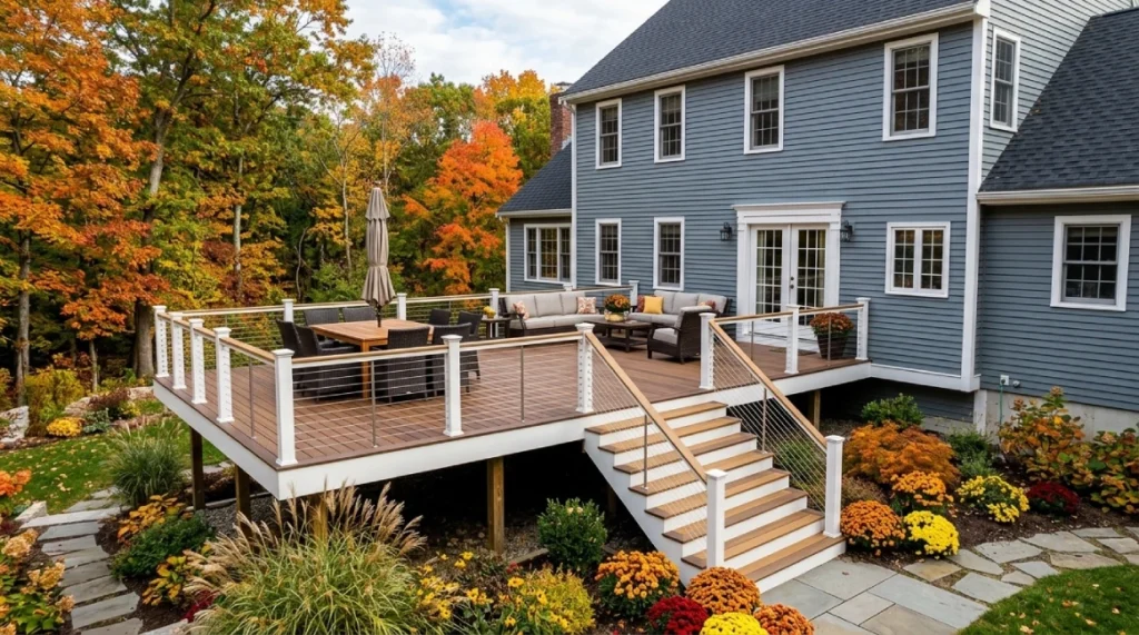 Multi-level composite deck stairs brown Massachusetts home