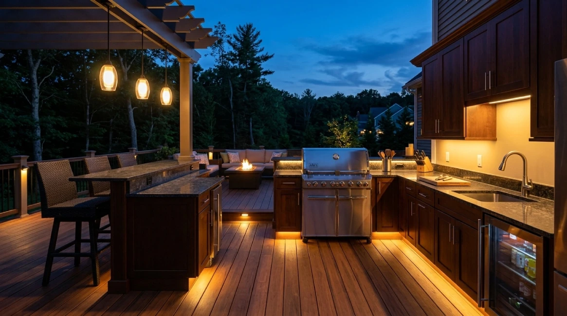 Outdoor kitchen deck LED task lighting twilight Massachusetts