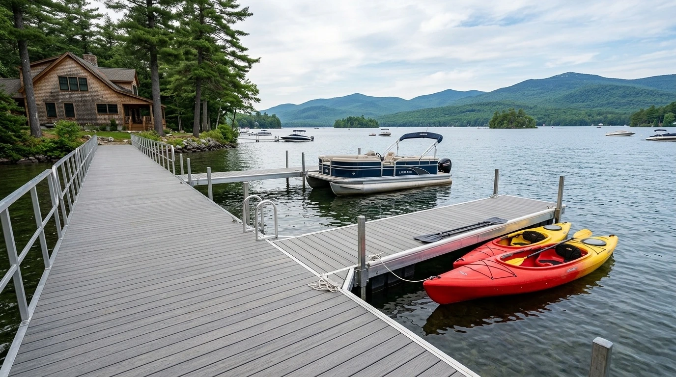 PVC decking dock waterfront Massachusetts lake kayaks boat