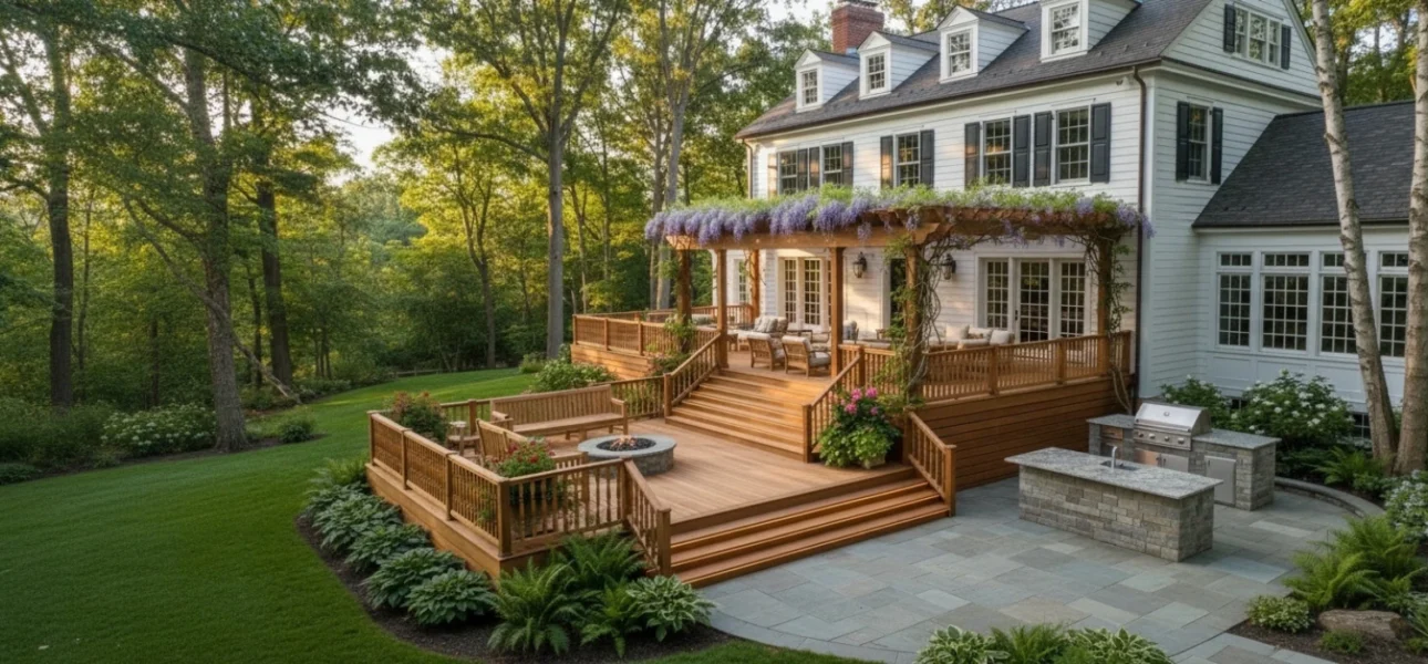 Panoramic view of luxury three-level cedar deck with pergola in Weston MA