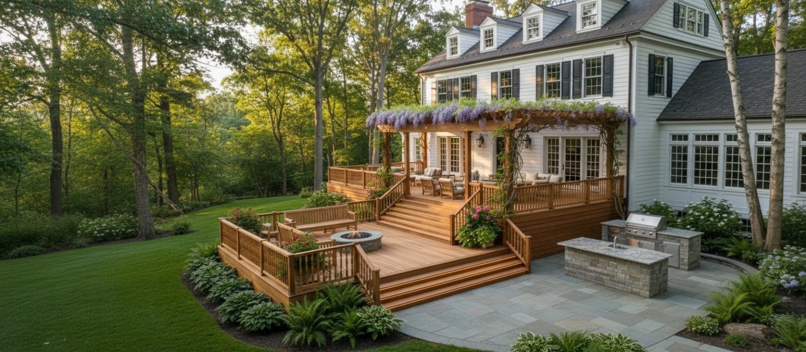 Panoramic view of luxury three-level cedar deck with pergola in Weston MA