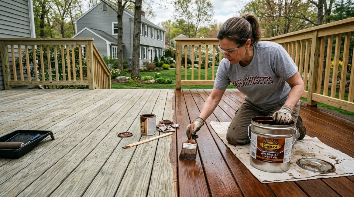 Pressure treated wood deck staining mahogany brown Massachusetts