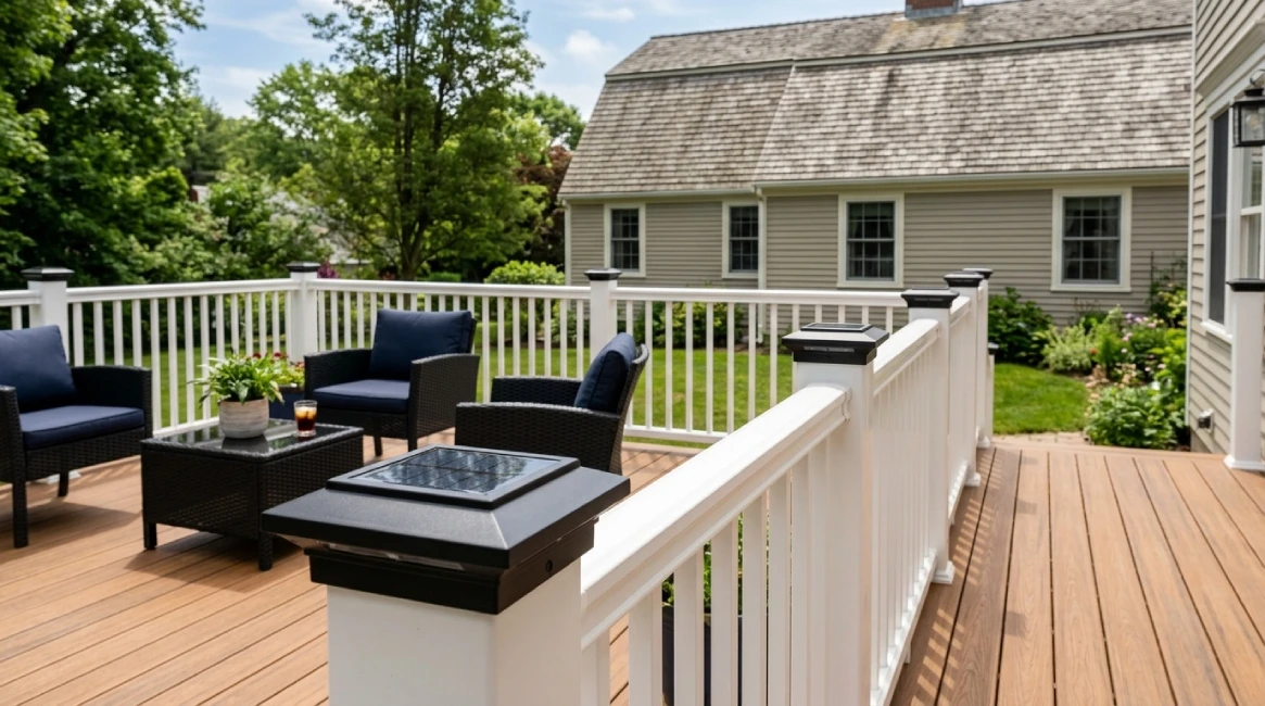 Solar powered LED post cap lights daytime Massachusetts deck
