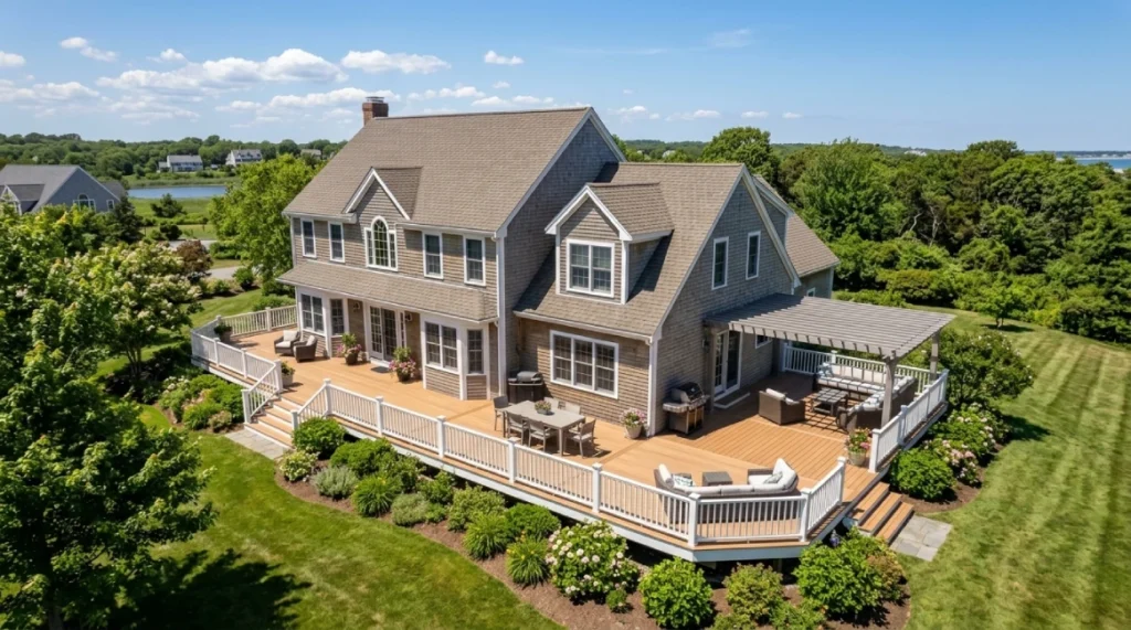 Wraparound composite deck aerial view Massachusetts colonial home