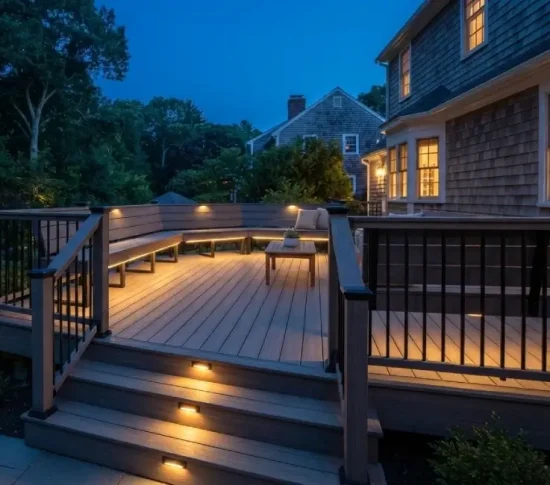 Deck with built-in bench seating and LED step lights at dusk