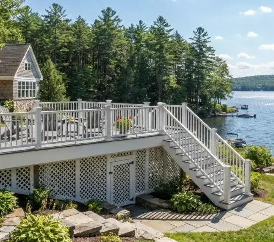 Elevated lakefront deck white lattice skirting stairs New Hampshire