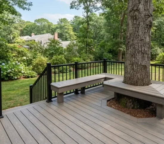 Gray deck with built-in L-shaped bench around tree trunk