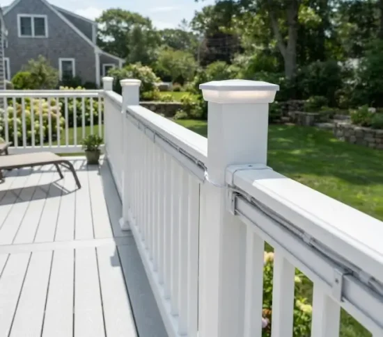 LED post cap light on white deck railing in daylight