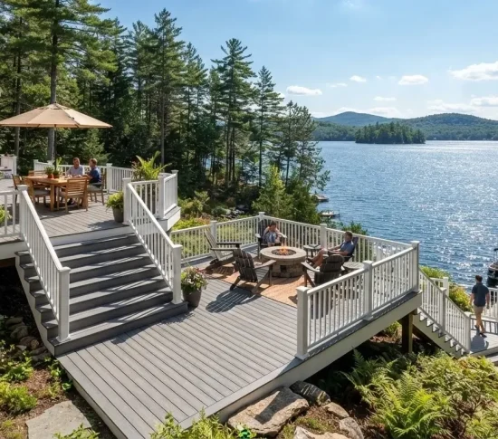 Multi-level lakefront deck fire pit pergola New Hampshire