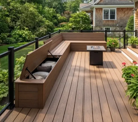 Wood deck with built-in L-shaped corner bench and storage fire pit